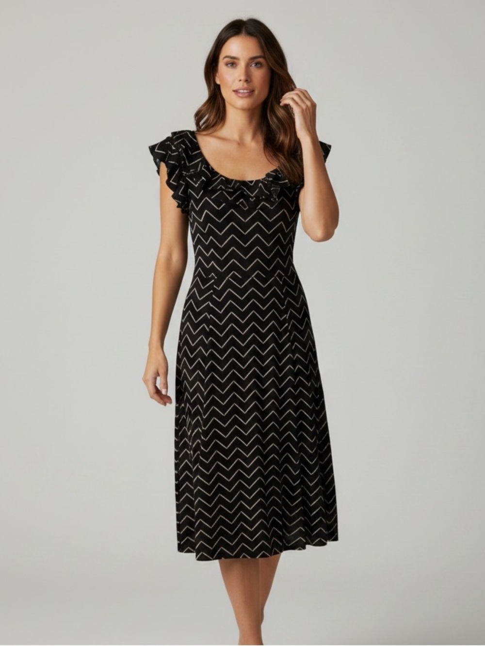 Who What Wear Black Chevron Midi Dress with Ruffle Sleeves